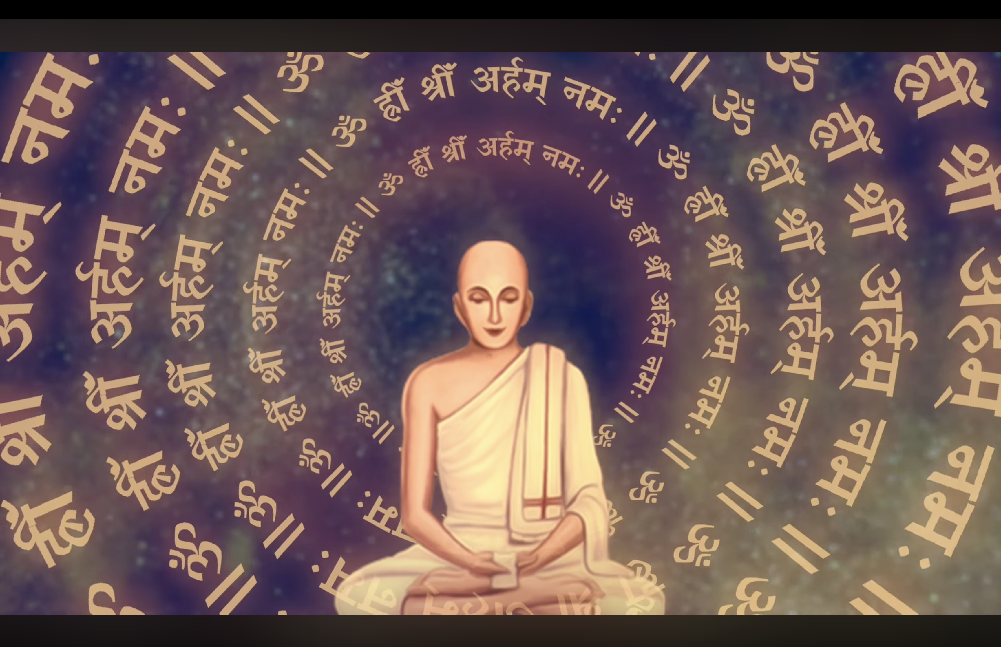 Jain monk in meditation surrounded by sacred mantras